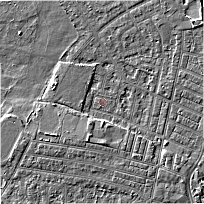 Shaded relief map of the ground around M219WR, computed from Environment Agency LiDAR. The ground here sits at about 27 m above sea level and falls 6 m across the surrounding 800 m. Surface water reaching this point runs off ground lying to the south-south-west, 3.9 m higher.