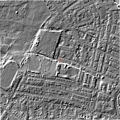 Shaded relief map of the ground around M219WS, computed from Environment Agency LiDAR. The ground here sits at about 27 m above sea level and falls 5 m across the surrounding 800 m. Surface water reaching this point runs off ground lying to the south-south-west, 3.8 m higher.