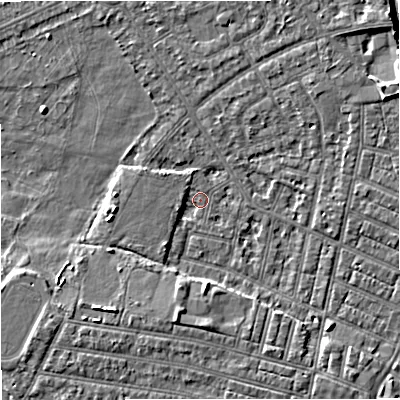Shaded relief map of the ground around M219WT, computed from Environment Agency LiDAR. The ground here sits at about 27 m above sea level and falls 6 m across the surrounding 800 m. Surface water reaching this point runs off ground lying to the north-east, 1.2 m higher.