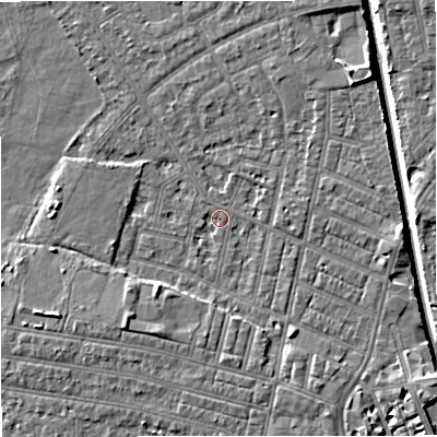 Shaded relief map of the ground around M219WU, computed from Environment Agency LiDAR. The ground here sits at about 27 m above sea level and falls 7 m across the surrounding 800 m. Surface water reaching this point runs off ground lying to the south-west, 3.8 m higher.