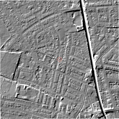 Shaded relief map of the ground around M219WX, computed from Environment Agency LiDAR. The ground here sits at about 28 m above sea level and falls 7 m across the surrounding 800 m. Surface water reaching this point runs off ground lying to the east-south-east, 0.8 m higher.