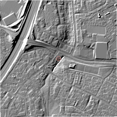 Shaded relief map of the ground around M221WU, computed from Environment Agency LiDAR. The ground here sits at about 56 m above sea level and falls 15 m across the surrounding 800 m. Surface water reaching this point runs off ground lying to the south-south-east, 11.1 m higher.