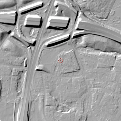 Shaded relief map of the ground around M224DZ, computed from Environment Agency LiDAR. The ground here sits at about 30 m above sea level and falls 14 m across the surrounding 800 m. Surface water reaching this point runs off ground lying to the east, 0.7 m higher.