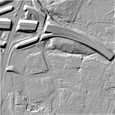 Shaded relief map of the ground around M224ED, computed from Environment Agency LiDAR. The ground here sits at about 28 m above sea level and falls 14 m across the surrounding 800 m. Surface water reaching this point runs off ground lying to the east, 13.3 m higher.