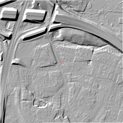 Shaded relief map of the ground around M224EF, computed from Environment Agency LiDAR. The ground here sits at about 27 m above sea level and falls 15 m across the surrounding 800 m. Surface water reaching this point runs off ground lying to the east-north-east, 12.3 m higher.