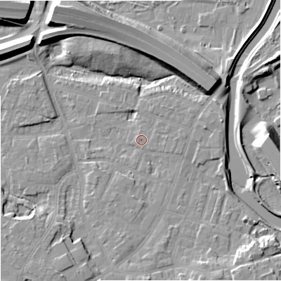 Shaded relief map of the ground around M224EG, computed from Environment Agency LiDAR. The ground here sits at about 29 m above sea level and falls 15 m across the surrounding 800 m. Surface water reaching this point runs off ground lying to the east, 0.7 m higher.