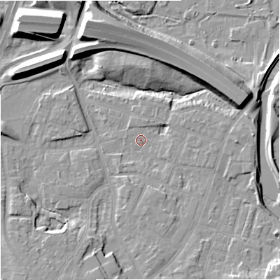 Shaded relief map of the ground around M224EQ, computed from Environment Agency LiDAR. The ground here sits at about 28 m above sea level and falls 14 m across the surrounding 800 m. Surface water reaching this point runs off ground lying to the east-north-east, 12.8 m higher.