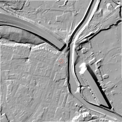 Shaded relief map of the ground around M224ET, computed from Environment Agency LiDAR. The ground here sits at about 30 m above sea level and falls 15 m across the surrounding 800 m. Surface water reaching this point runs off ground lying to the east-south-east, 1.5 m higher.