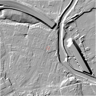 Shaded relief map of the ground around M224EU, computed from Environment Agency LiDAR. The ground here sits at about 30 m above sea level and falls 15 m across the surrounding 800 m. Surface water reaching this point runs off ground lying to the east-north-east, 0.9 m higher.