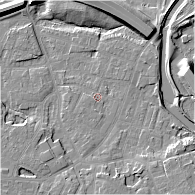 Shaded relief map of the ground around M224EW, computed from Environment Agency LiDAR. The ground here sits at about 29 m above sea level and falls 15 m across the surrounding 800 m. Surface water reaching this point runs off ground lying to the south-south-east, 6.1 m higher.