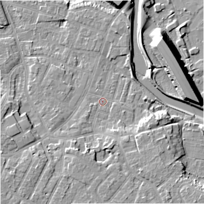 Shaded relief map of the ground around M224EX, computed from Environment Agency LiDAR. The ground here sits at about 30 m above sea level and falls 14 m across the surrounding 800 m. Surface water reaching this point runs off ground lying to the south-east, 6.4 m higher.