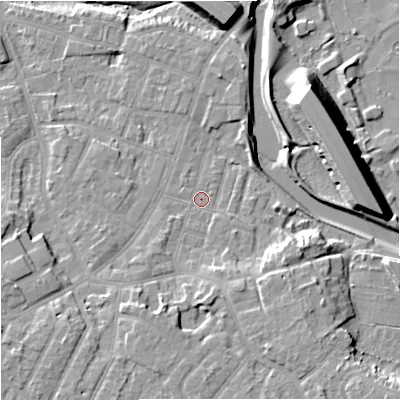 Shaded relief map of the ground around M224EY, computed from Environment Agency LiDAR. The ground here sits at about 30 m above sea level and falls 15 m across the surrounding 800 m. Surface water reaching this point runs off ground lying to the south-south-east, 4.9 m higher.