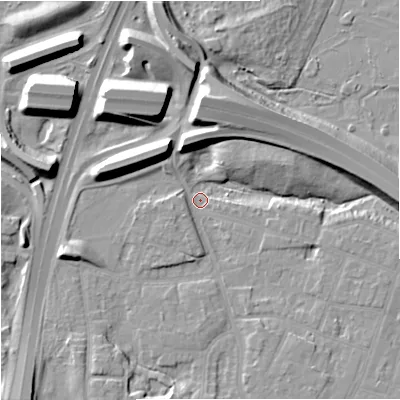 Shaded relief map of the ground around M224FB, computed from Environment Agency LiDAR. The ground here sits at about 27 m above sea level and falls 14 m across the surrounding 800 m. Surface water reaching this point runs off ground lying to the west-south-west, 8.7 m higher.