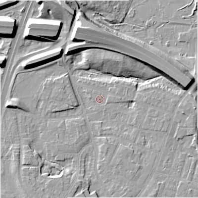 Shaded relief map of the ground around M224FD, computed from Environment Agency LiDAR. The ground here sits at about 28 m above sea level and falls 14 m across the surrounding 800 m. Surface water reaching this point runs off ground lying to the east-north-east, 13.1 m higher.