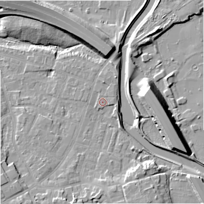 Shaded relief map of the ground around M224FE, computed from Environment Agency LiDAR. The ground here sits at about 30 m above sea level and falls 15 m across the surrounding 800 m. Surface water reaching this point runs off ground lying to the south, 5.8 m higher.