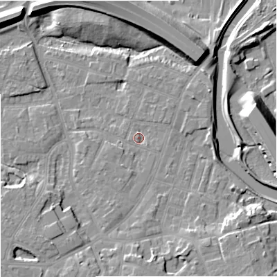 Shaded relief map of the ground around M224FN, computed from Environment Agency LiDAR. The ground here sits at about 29 m above sea level and falls 15 m across the surrounding 800 m. Surface water reaching this point runs off ground lying to the south-south-east, 5.9 m higher.