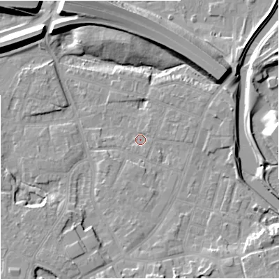 Shaded relief map of the ground around M224FP, computed from Environment Agency LiDAR. The ground here sits at about 28 m above sea level and falls 15 m across the surrounding 800 m. Surface water reaching this point runs off ground lying to the south-south-east, 6.9 m higher.