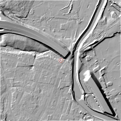 Shaded relief map of the ground around M224FR, computed from Environment Agency LiDAR. The ground here sits at about 29 m above sea level and falls 15 m across the surrounding 800 m. Surface water reaching this point runs off ground lying to the north-east, 8.1 m higher.