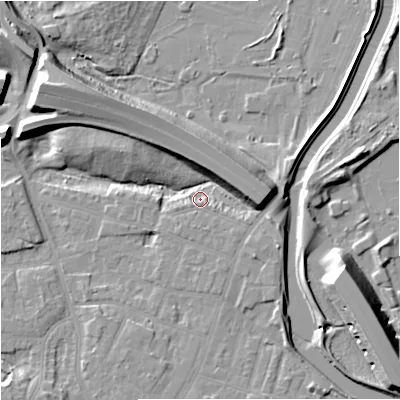 Shaded relief map of the ground around M224FS, computed from Environment Agency LiDAR. The ground here sits at about 28 m above sea level and falls 15 m across the surrounding 800 m. Surface water reaching this point runs off ground lying to the east, 12.5 m higher.