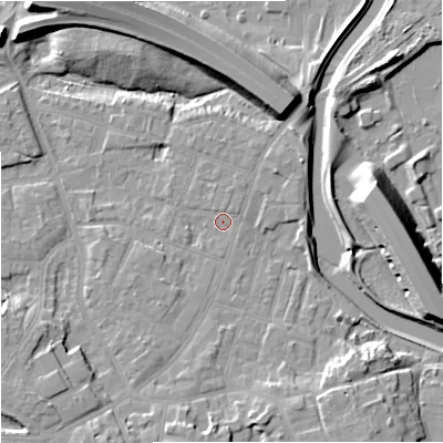 Shaded relief map of the ground around M224FW, computed from Environment Agency LiDAR. The ground here sits at about 29 m above sea level and falls 15 m across the surrounding 800 m. Surface water reaching this point runs off ground lying to the east-north-east, 0.8 m higher.