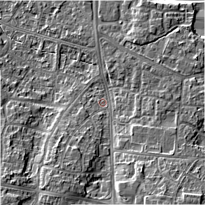 Shaded relief map of the ground around M224GA, computed from Environment Agency LiDAR. The ground here sits at about 43 m above sea level and falls 16 m across the surrounding 800 m. Surface water reaching this point runs off ground lying to the south-south-east, 9.8 m higher.