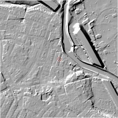 Shaded relief map of the ground around M224HA, computed from Environment Agency LiDAR. The ground here sits at about 30 m above sea level and falls 15 m across the surrounding 800 m. Surface water reaching this point runs off ground lying to the south, 1.5 m higher.