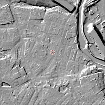 Shaded relief map of the ground around M224HE, computed from Environment Agency LiDAR. The ground here sits at about 30 m above sea level and falls 15 m across the surrounding 800 m. Surface water reaching this point runs off ground lying to the south-east, 6.3 m higher.