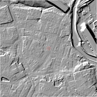 Shaded relief map of the ground around M224HF, computed from Environment Agency LiDAR. The ground here sits at about 30 m above sea level and falls 15 m across the surrounding 800 m. The ground contributing surface water to this point lies to the south.