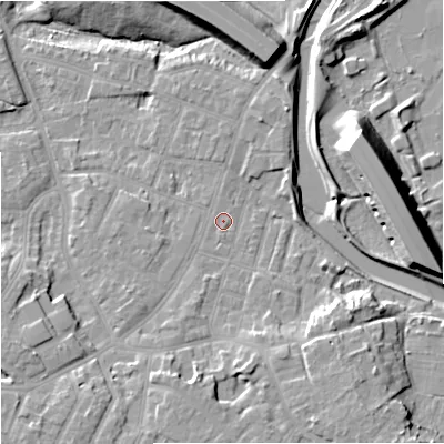 Shaded relief map of the ground around M224HH, computed from Environment Agency LiDAR. The ground here sits at about 30 m above sea level and falls 15 m across the surrounding 800 m. Surface water reaching this point runs off ground lying to the south-east, 6.4 m higher.