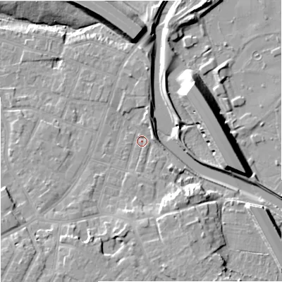Shaded relief map of the ground around M224HJ, computed from Environment Agency LiDAR. The ground here sits at about 29 m above sea level and falls 15 m across the surrounding 800 m. Surface water reaching this point runs off ground lying to the south-south-west, 1.4 m higher.