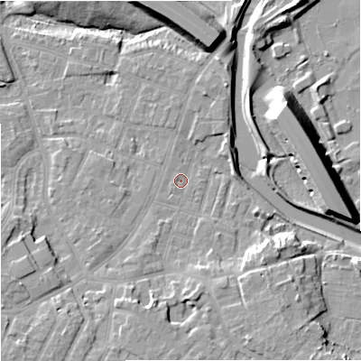 Shaded relief map of the ground around M224HL, computed from Environment Agency LiDAR. The ground here sits at about 29 m above sea level and falls 15 m across the surrounding 800 m. Surface water reaching this point runs off ground lying to the south-south-east, 5.8 m higher.