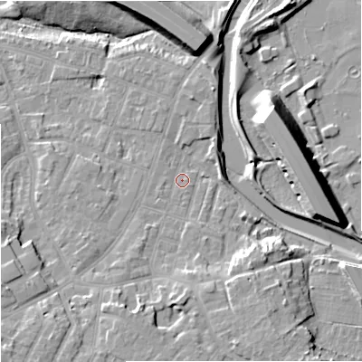 Shaded relief map of the ground around M224HN, computed from Environment Agency LiDAR. The ground here sits at about 29 m above sea level and falls 15 m across the surrounding 800 m. Surface water reaching this point runs off ground lying to the south-south-east, 5.8 m higher.