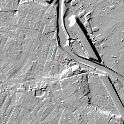 Shaded relief map of the ground around M224HR, computed from Environment Agency LiDAR. The ground here sits at about 30 m above sea level and falls 13 m across the surrounding 800 m. Surface water reaching this point runs off ground lying to the south-south-east, 6.0 m higher.