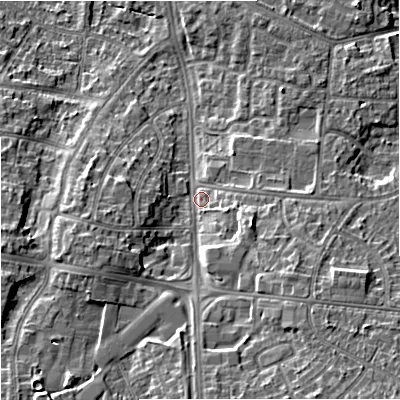 Shaded relief map of the ground around M224HS, computed from Environment Agency LiDAR. The ground here sits at about 47 m above sea level and falls 14 m across the surrounding 800 m. Surface water reaching this point runs off ground lying to the south-east, 8.8 m higher.