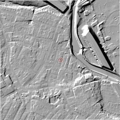 Shaded relief map of the ground around M224HW, computed from Environment Agency LiDAR. The ground here sits at about 30 m above sea level and falls 15 m across the surrounding 800 m. Surface water reaching this point runs off ground lying to the south-south-east, 0.7 m higher.