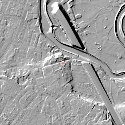 Shaded relief map of the ground around M224NQ, computed from Environment Agency LiDAR. The ground here sits at about 34 m above sea level and falls 14 m across the surrounding 800 m. Surface water reaching this point runs off ground lying to the south-south-west, 4.4 m higher.