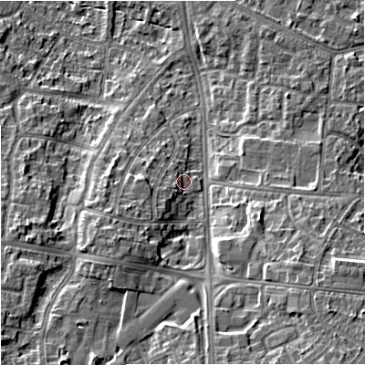 Shaded relief map of the ground around M224PA, computed from Environment Agency LiDAR. The ground here sits at about 46 m above sea level and falls 14 m across the surrounding 800 m. Surface water reaching this point runs off ground lying to the south-west, 3.2 m higher.