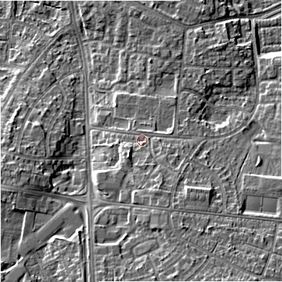 Shaded relief map of the ground around M224PS, computed from Environment Agency LiDAR. The ground here sits at about 48 m above sea level and falls 16 m across the surrounding 800 m. Surface water reaching this point runs off ground lying to the south-south-east, 4.7 m higher.
