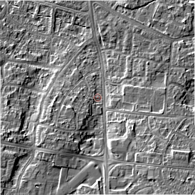 Shaded relief map of the ground around M224PU, computed from Environment Agency LiDAR. The ground here sits at about 45 m above sea level and falls 14 m across the surrounding 800 m. Surface water reaching this point runs off ground lying to the south-east, 9.0 m higher.