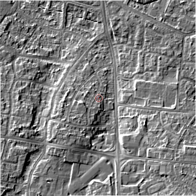Shaded relief map of the ground around M224PX, computed from Environment Agency LiDAR. The ground here sits at about 47 m above sea level and falls 14 m across the surrounding 800 m. Surface water reaching this point runs off ground lying to the south-west, 4.1 m higher.