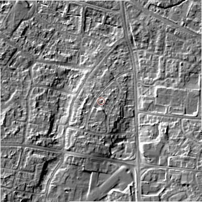 Shaded relief map of the ground around M224PZ, computed from Environment Agency LiDAR. The ground here sits at about 48 m above sea level and falls 14 m across the surrounding 800 m. Surface water reaching this point runs off ground lying to the south-south-west, 3.8 m higher.