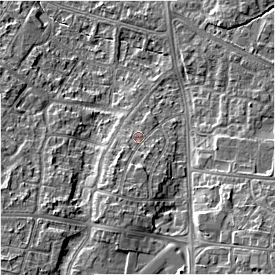 Shaded relief map of the ground around M224QA, computed from Environment Agency LiDAR. The ground here sits at about 46 m above sea level and falls 14 m across the surrounding 800 m. Surface water reaching this point runs off ground lying to the south-south-west, 4.6 m higher.