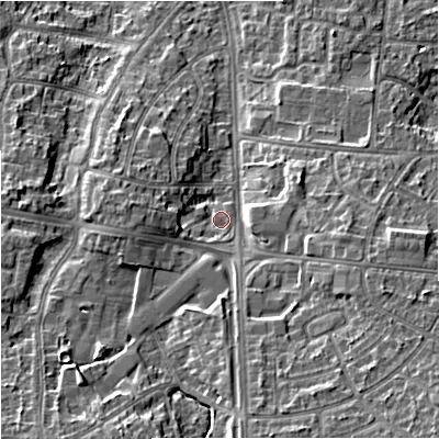 Shaded relief map of the ground around M224QH, computed from Environment Agency LiDAR. The ground here sits at about 48 m above sea level and falls 14 m across the surrounding 800 m. Surface water reaching this point runs off ground lying to the west-south-west, 3.0 m higher.