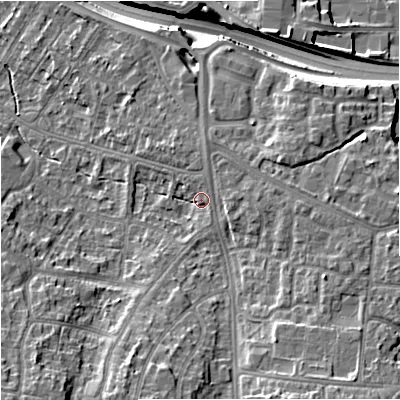 Shaded relief map of the ground around M224QZ, computed from Environment Agency LiDAR. The ground here sits at about 43 m above sea level and falls 16 m across the surrounding 800 m. Surface water reaching this point runs off ground lying to the north-north-east, 2.8 m higher.