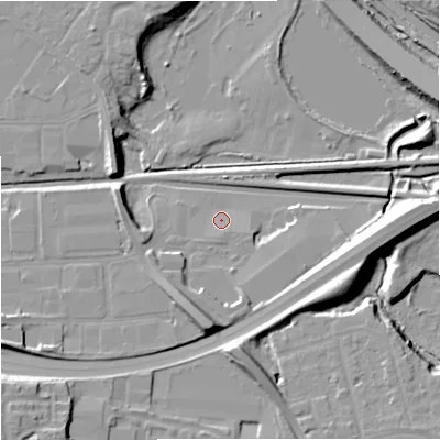 Shaded relief map of the ground around M224RQ, computed from Environment Agency LiDAR. The ground here sits at about 34 m above sea level and falls 16 m across the surrounding 800 m. Surface water reaching this point runs off ground lying to the south, 2.0 m higher.