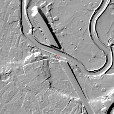 Shaded relief map of the ground around M224UQ, computed from Environment Agency LiDAR. The ground here sits at about 29 m above sea level and falls 14 m across the surrounding 800 m. Surface water reaching this point runs off ground lying to the south-east, 13.0 m higher.