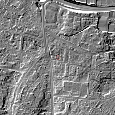 Shaded relief map of the ground around M224UW, computed from Environment Agency LiDAR. The ground here sits at about 44 m above sea level and falls 16 m across the surrounding 800 m. Surface water reaching this point runs off ground lying to the east-south-east, 3.8 m higher.