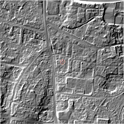 Shaded relief map of the ground around M224XN, computed from Environment Agency LiDAR. The ground here sits at about 45 m above sea level and falls 16 m across the surrounding 800 m. Surface water reaching this point runs off ground lying to the south-east, 1.8 m higher.