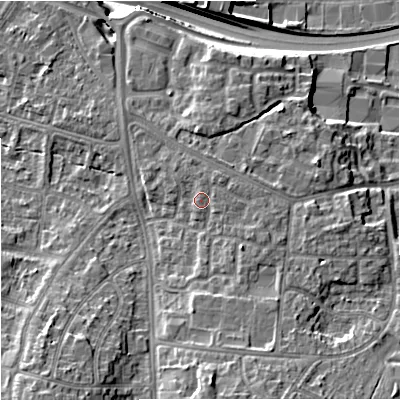 Shaded relief map of the ground around M224YR, computed from Environment Agency LiDAR. The ground here sits at about 46 m above sea level and falls 16 m across the surrounding 800 m. Surface water reaching this point runs off ground lying to the north-east, 0.9 m higher.