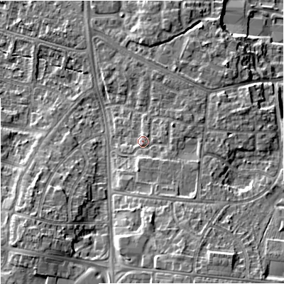 Shaded relief map of the ground around M224ZA, computed from Environment Agency LiDAR. The ground here sits at about 46 m above sea level and falls 17 m across the surrounding 800 m. Surface water reaching this point runs off ground lying to the south-east, 1.9 m higher.